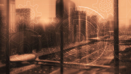 Gears on modern architecture background. Business processes concept