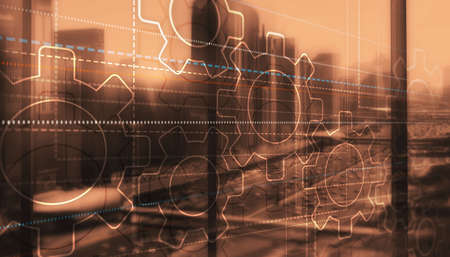 Dots lines and gears on city background