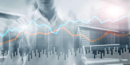 Futuristic abstract background. 3D arrows and lines. blurred city.の写真素材