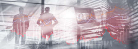 Finance Banking and Investment concept. Double exporsure stacked of coins and city with graph