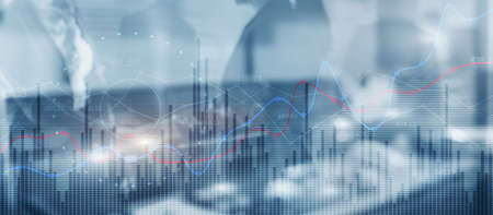 Double exposure of coloured lines, growing numbers, online trading