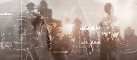 Diverse business team in city digital interface. Intelligence control panel.