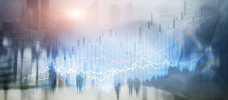 Business finance growth graph chart analysing diagram trading and forex exchange concept double exposureの写真素材