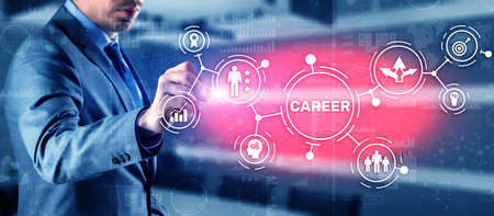 Career Inscription and people icons on virtual screen. Businessman pressing Careerの写真素材
