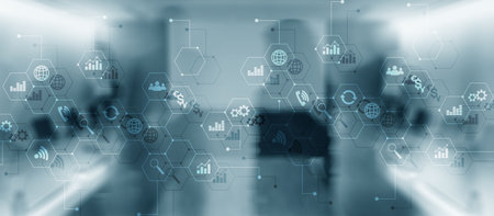 Diagrams and icons on hologram screen. Background with silhouettes