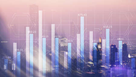 Universal background. Diagrams with numbers on the background of the cityの写真素材