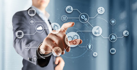 Process Technology Automation. Gear mechanism and circuit board on office and city background