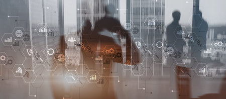 Diagrams and icons on hologram screen. Background with silhouettes
