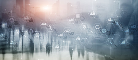 Diagrams and icons on hologram screen. Background with silhouettes