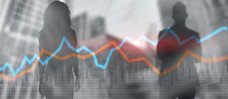 Red and blue financial charts on background doble exposure mixed media