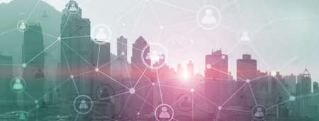 Double exposure mixed media people network structure. HR Human resources managementの写真素材