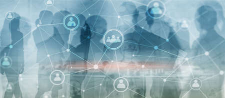 Social media. People relation and organization structure. Business and communication technology concept. Background with silhouettesの写真素材