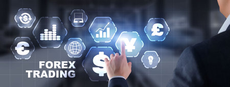 Man in a jacket clicks on a virtual screen inscription Forex Tradingの写真素材