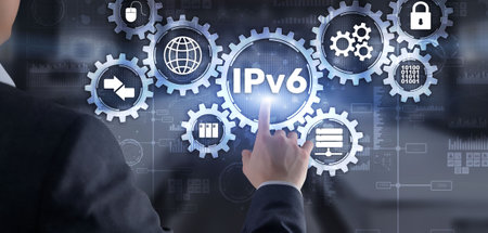 IPv6. Businessman pressing touch screen interface and select icon Internet Protocolの写真素材