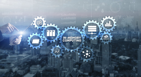 In Memory Computing high performance distributed systems on modern city background.の写真素材