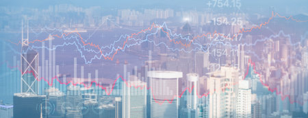 Double exposure Financial graphs and diagrams. Business, economics and investment concept on modern city backgroundの写真素材