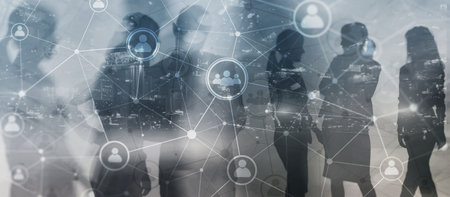 Social media. People relation and organization structure. Business and communication technology concept. Background with silhouettesの写真素材