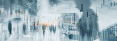 Silhouettes of people on the background of financial graphs and chartsの写真素材