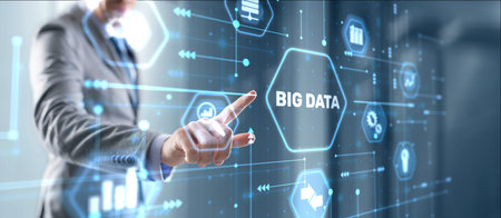 Businessman clicks Big data world and globe icon modern interfaceの写真素材