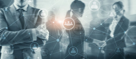 Social media. People relation and organization structure. Business and communication technology concept. Background with silhouettesの写真素材