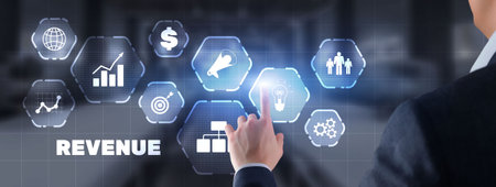 Increase revenue concept. Businessman pressing inscription revenueの写真素材