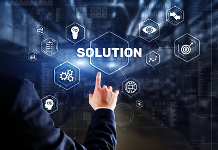 Solution. Businessman pressing on touch screen interface inscription Solutions. Business concept. Internet conceptの写真素材