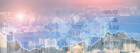 Double explosure with businesss charts and financial district of megapolisの写真素材