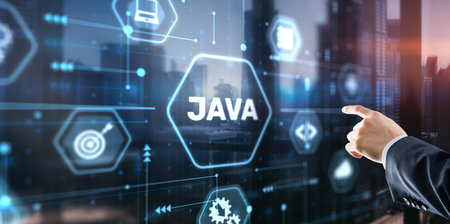 Businessman clicks Java programming language application concept on virtual screenの写真素材
