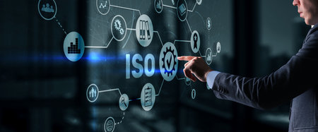ISO certification concept standard quality control. International information security standardの写真素材
