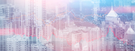 Double exposure Financial graphs and diagrams. Business, economics and investment concept on modern city backgroundの写真素材