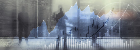 Financial graphs and analytics for investment solution. Double exposureの写真素材
