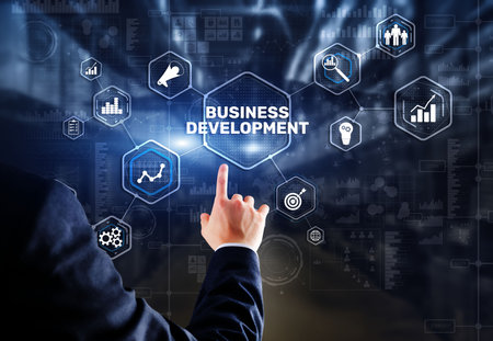 Business Development Planning. Inscription on 3D the virtual screenの写真素材