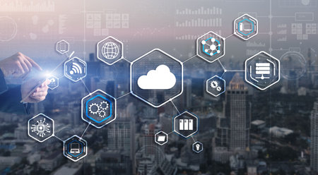 Man clicks icon Cloud Computing Technology Internet Storage Network Conceptの写真素材