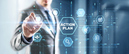 Businessman clicks action plan. Algorithm and strategy development business.の写真素材
