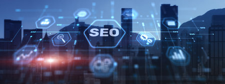 SEO. Search Engine optimization. Picture for presentation. City backgroundの写真素材