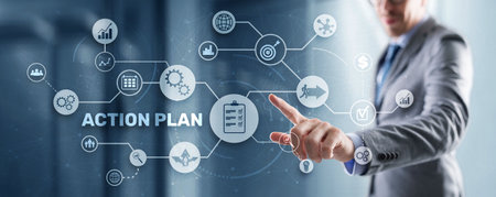 Action Plan Business Technology Strategy concept on virtual screen. Time managementの写真素材