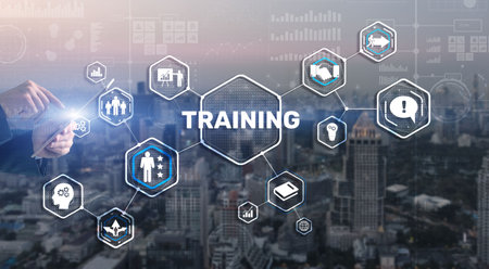 Trainning concept. Businessman pressing on touch screen interface inscriptionの写真素材
