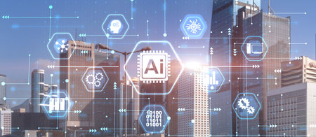 AI Artificial Intelligence concept. Technology learning on city backgroundの写真素材