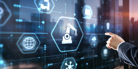 Hand pressing butto RPA icon Robotic Process Automation system. Artificial intelligence conceptの写真素材
