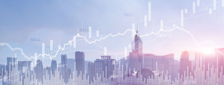 Trading Finance buy and sell concept on futuristic modern city wallpaperの写真素材