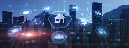 Smart home technology icon on city background. Automation Control Systemの写真素材