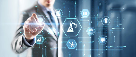 Hand pressing butto RPA icon Robotic Process Automation system. Artificial intelligence conceptの写真素材