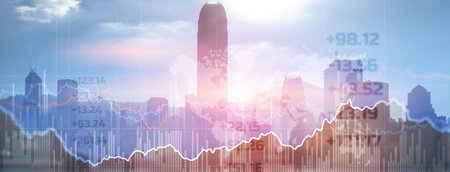 Double explosure with businesss charts and financial district of megapolisの写真素材