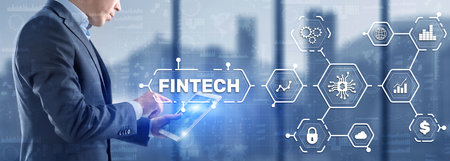 Fintech Investment Financial Technology Concept. 3D Virtual screenの写真素材