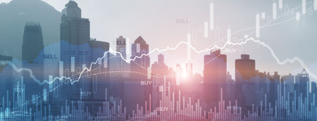 Trading Finance buy and sell concept on futuristic modern city wallpaperの写真素材