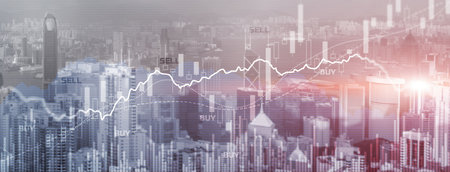 Trading Finance buy and sell concept on futuristic modern city wallpaperの写真素材