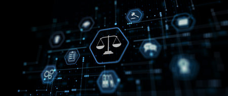 Justice and law concept. Digital technology law innovation interface network icons and modern virtual screen. Abstract backgroundの写真素材