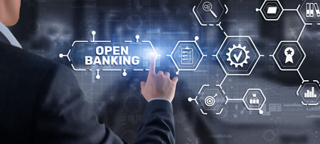 Open Banking Online Finance Concept. Man clicks on a virtual screen inscriptionの写真素材