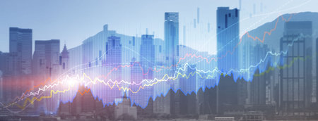 Smart city and stats concept with growing digital graphs and diagram on city backgroundの写真素材