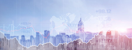 Double explosure with businesss charts and financial district of megapolisの写真素材